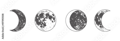 Four dark grey moon phases with textured surfaces white celestial night