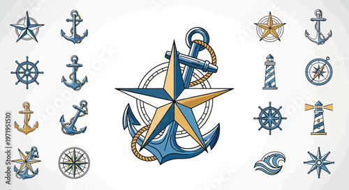 Nautical Icons Set: Anchor, Compass, Star, Lighthouse, Ship Wheel
