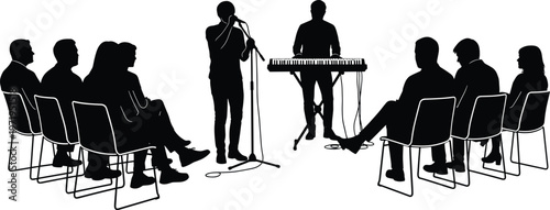 Live music performance silhouette with singer and keyboard player on stage, audience watching concert event, entertainment show concept vector illustration isolated on white background