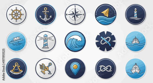 Nautical Icons Set: Anchor, Compass, Lighthouse, Ship, Wheel, Wave, Map Pin
