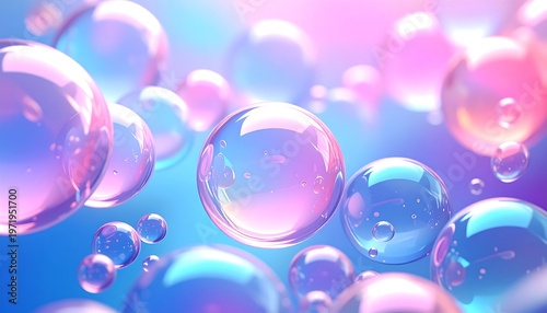 Luminous, transparent spheres float amidst ethereal pink and blue hues, suggesting lightness and dreamlike qualities