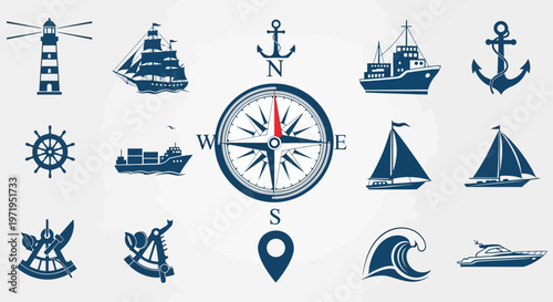 Nautical Icons Set: Compass, Ships, Lighthouse, Anchor, Waves, Steering Wheel, Location Pin