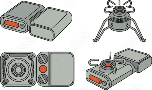 Portable camping gas stove and fuel canister outdoor cooking gear.