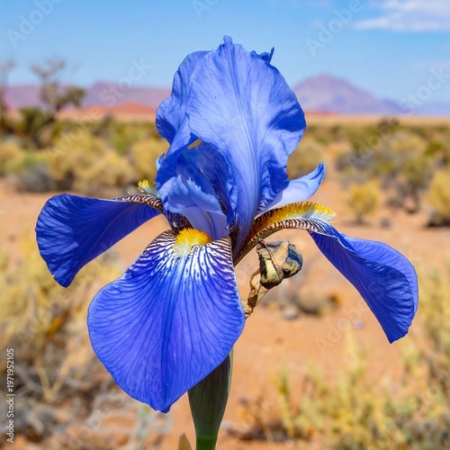 A desert landscape with a vibrant blue iris flower
