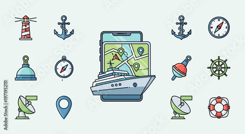 Nautical Icons Set: Yacht, Lighthouse, Anchor, Compass, GPS, Map, Buoy