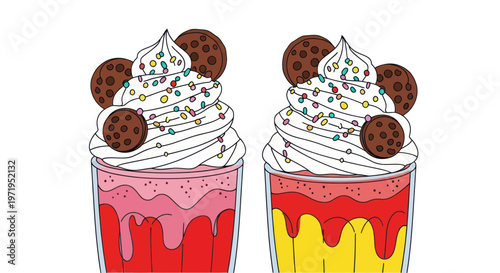 Two delicious milkshakes with whipped cream, cookies, and sprinkles
