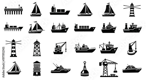 Nautical Icons: Ships, Boats, Lighthouses, Cranes, and Sailboats Collection
