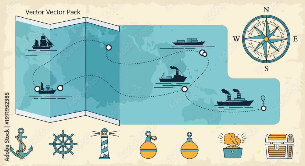 Naklejka premium Nautical Map Adventure: Ships, Compass, Anchor, Lighthouse, Treasure Chest Icons