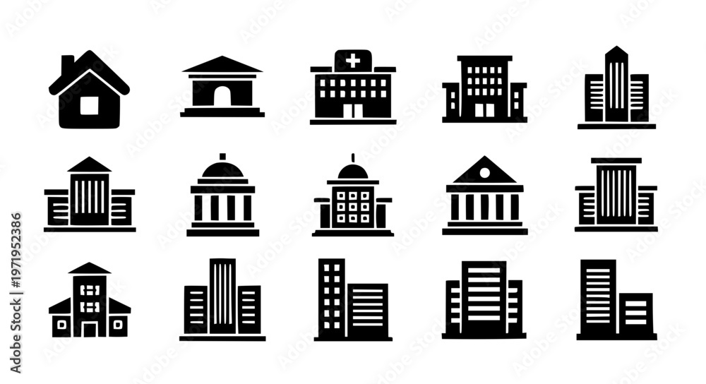 Fototapeta premium Minimal building glyph solid icon vector set EPS10 isolated on white