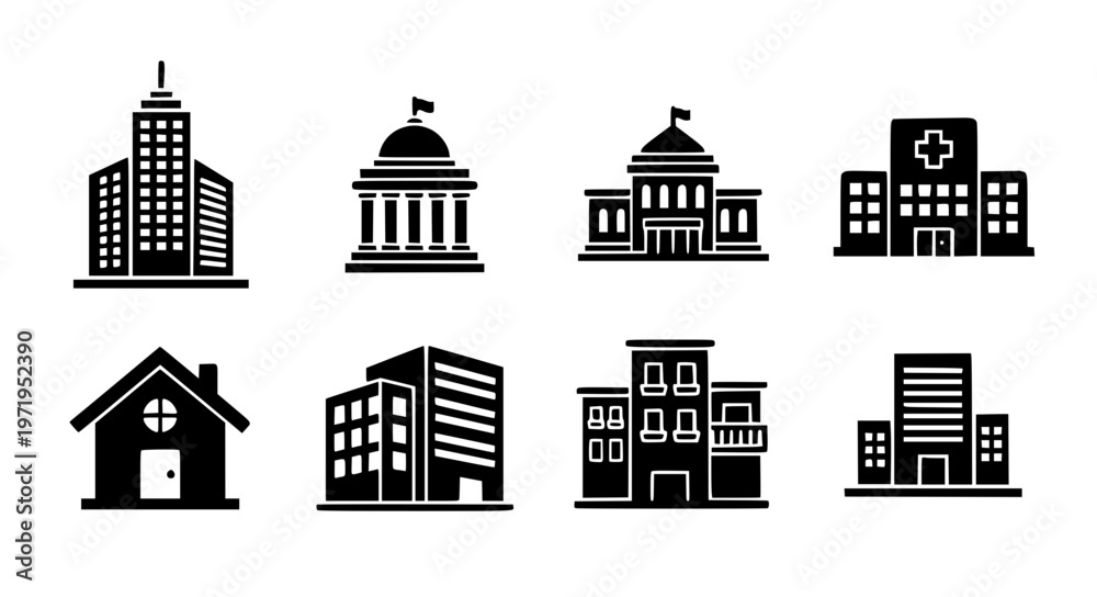 Fototapeta premium Building glyph solid icon vector set skyscraper hospital house EPS10 isolated on white