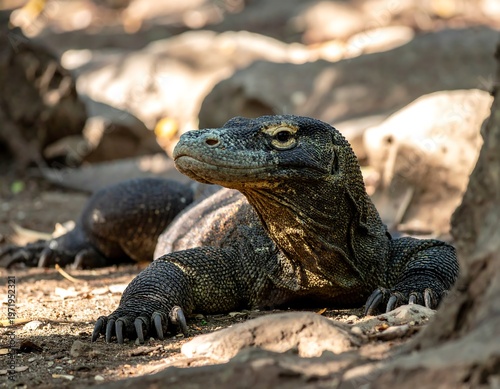 Komodo Dragon Resting in Sunlight, Close-Up View.