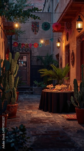 Mexican festive courtyard with lanterns and decorations at twilight