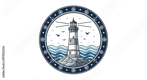 Nautical Lighthouse Emblem with Waves and Birds