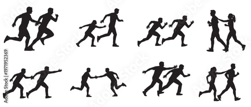 Set of silhouette illustrations showing people running and passing a baton, symbolizing teamwork, competition, and relay races.