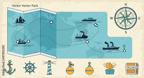 Nautical Map Adventure: Ships, Compass, Anchor, Lighthouse, Treasure Chest Icons