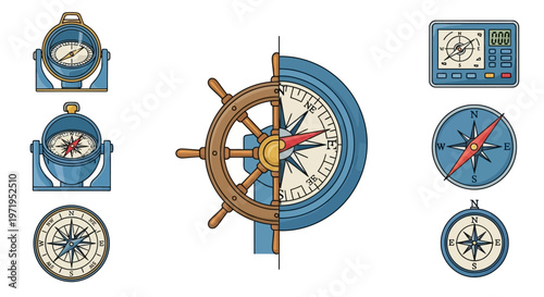 Nautical Navigation Instruments: Compasses and Ship's Wheel