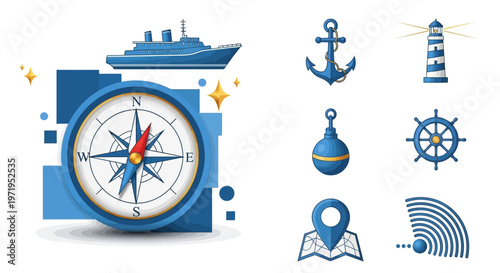 Nautical Navigation Set: Compass, Ship, Anchor, Lighthouse, Buoy, Wheel, Map
