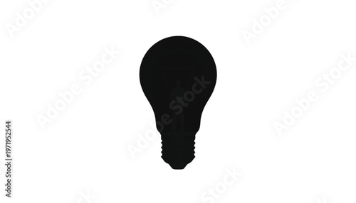 Black lightbulb silhouette stands vertically centered on a stark white background, representing innovation.