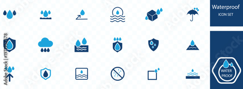 A collection of waterproof icons depicts various water droplet symbols rain shields and weather protection concepts in blue high quality professional detailed modern