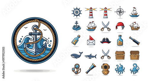 Nautical Pixel Art Icons: Anchor, Ship, Lighthouse, Compass, Pirates