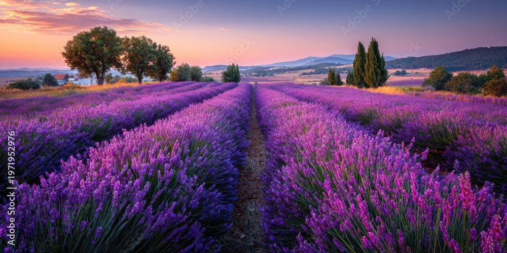 Obraz premium Rows of vibrant purple lavender stretch to a soft pink and blue sunset