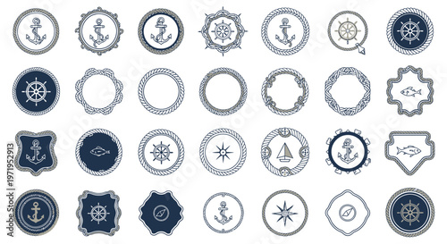 Nautical Symbols Collection: Anchors, Wheels, Compasses, Boats, Fish Icons