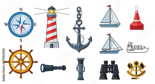 Nautical Symbols Collection: Lighthouse, Compass, Anchor, Ship Wheel, Spyglass, Binoculars