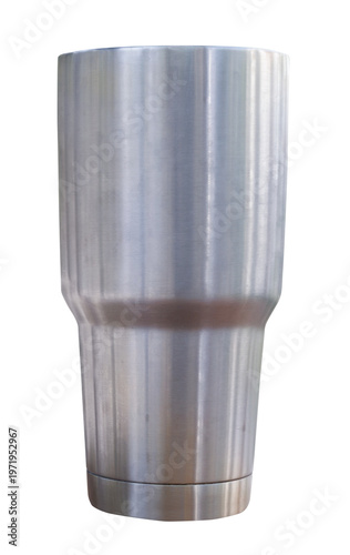 Blank stainless steel insulated tumbler isolated on transparent background. Reusable silver metal travel mug mockup for hot or cold beverage. Eco friendly zero waste water thermos container.