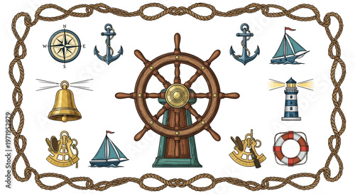 Nautical Symbols Collection: Ship Wheel, Compass, Anchor, Lighthouse, Sailboat