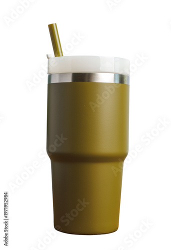 Olive green insulated stainless steel tumbler with straw and white lid isolated on transparent background. Reusable travel mug mockup for eco friendly hydration and zero waste lifestyle.