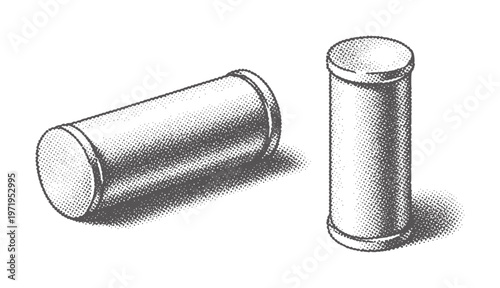 Two cylindrical metal rendered in halftone dot pattern cylinder round shape industrial