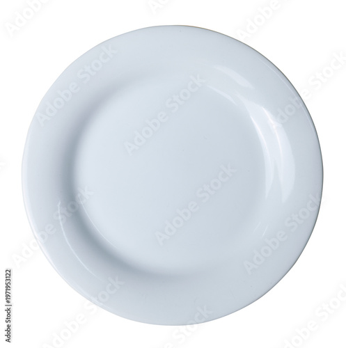 Top view of empty white ceramic plate isolated on transparent background. Blank dish mockup for food presentation, dining table setting, and restaurant menu design. Minimalist kitchenware concept.