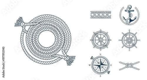 Nautical Symbols Set: Rope, Anchor, Compass, Ship Wheel, Knot