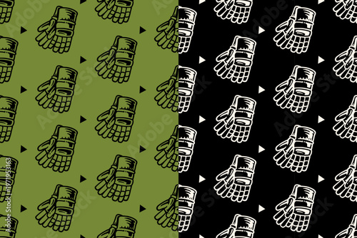 Army gloves with triangle hand drawn seamless pattern on green black background set for military. Tactical mitten retro pattern background for outdoor. Protective gloves vintage motif wallpaper