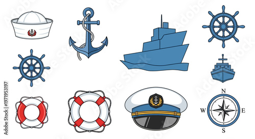 Nautical Symbols: Ship, Anchor, Helm, Hat, Compass, Lifebuoy