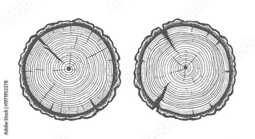 Two wood ring cross sections with rough bark edges tree rings