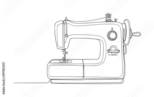 Vintage sewing machine line with thread spool and handwheel