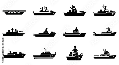 Naval Ship Icons: Military Fleet Silhouette Collection