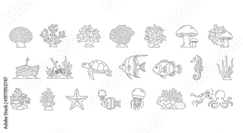 Ocean Life Icons: Coral, Fish, Turtle, Seahorse, Scuba Diver, Octopus