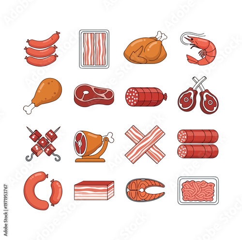 Vector illustration set of different meat and food icons including chicken sausage fish ham sushi and meal items design collection