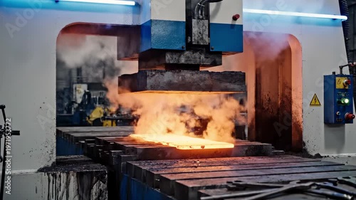 A furnace emitting bright orange flames and smoke in an industrial setting