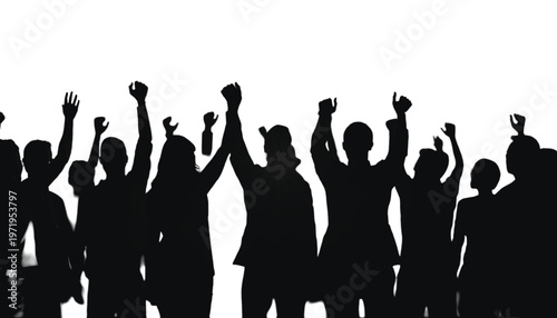 Silhouettes of a diverse group of people with arms raised in unison symbolize celebration and success.
