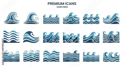 Ocean Wave Icons Set - Blue Sea Water Symbols Collection