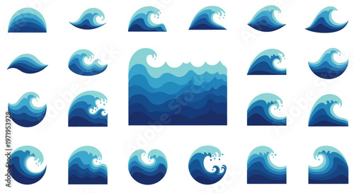 Ocean Wave Set: Blue Water Swirls, Surfing, and Sea Icons