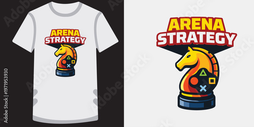 Arena strategy chess knight with game buttons t-shirt design concept logo template.