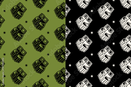 Combat gloves with star hand drawn seamless pattern on green black background set for sport. Tactical gloves with light retro pattern background for outdoor. Fingerless mitten vintage motif wallpaper
