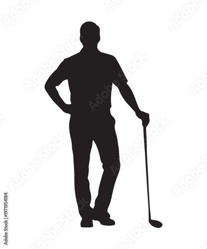 Silhouette of a male golfer standing confidently with a club resting on his shoulder, exuding a relaxed yet poised demeanor.