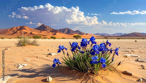A desert landscape with blue flowers and mountains