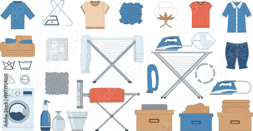 Laundry and Fabric Care Illustration Set with Washing Machine, Ironing Board, Clothes Drying Rack, Detergents and Textile Maintenance Tools