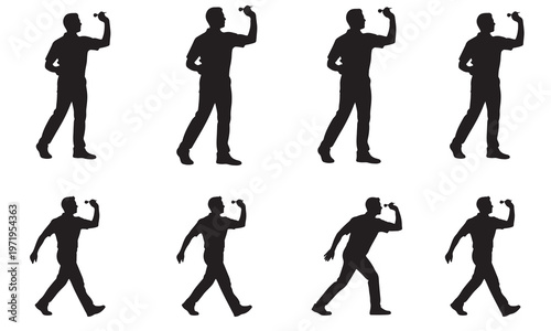 Collection of eight silhouette illustrations of a man in various stages of throwing a dart, showcasing motion.